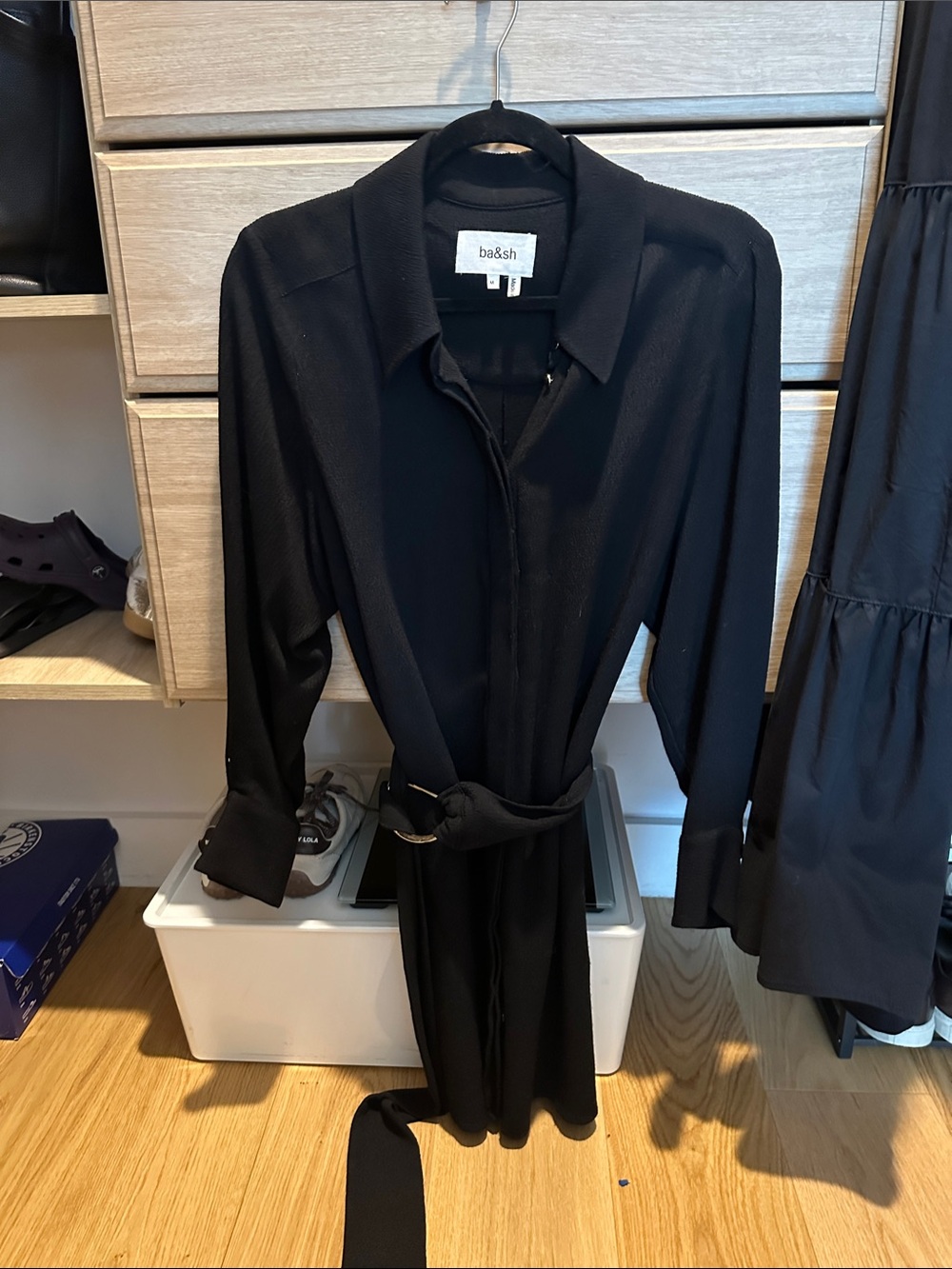 ba&sh Black Long-Sleeve Shirt Dress with Belt